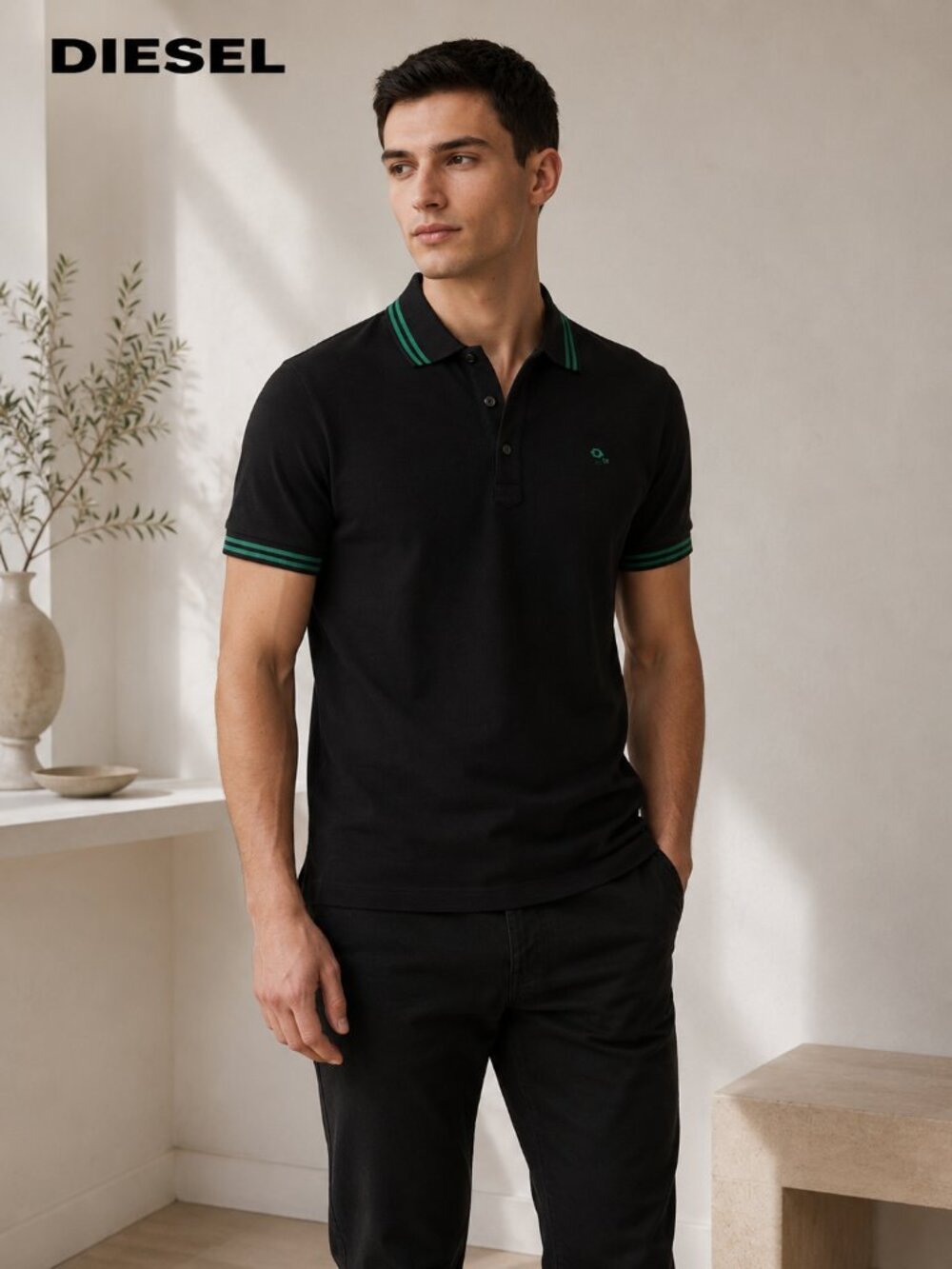 *Diesel Black Polo Shirt Green Trim Logo Slim Fit Short Sleeve Men’s Medium 0578
